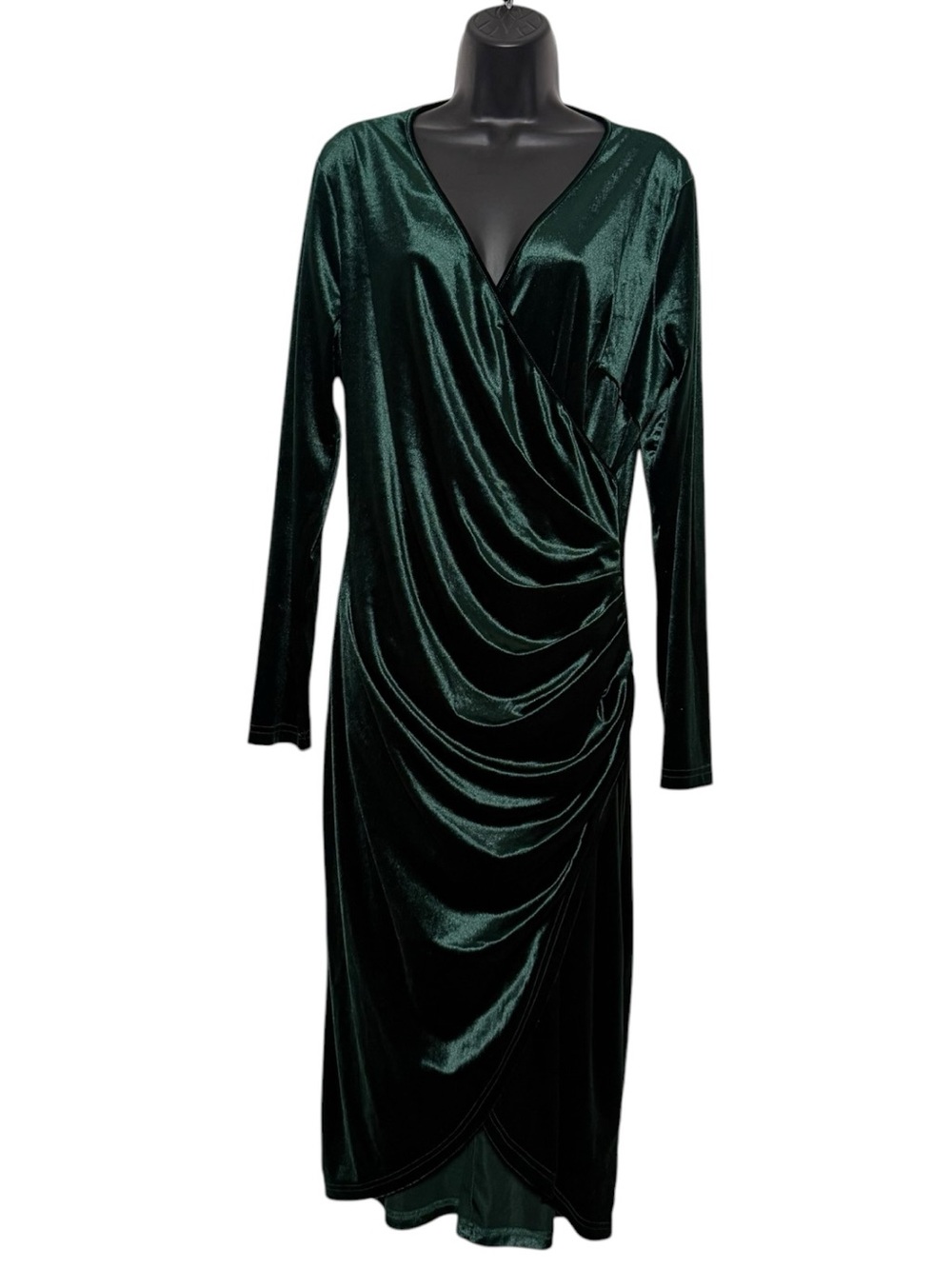 DIRASS Holiday Green Velvet Ruched Long Sleeve V-Neck Midi Dress Size XL